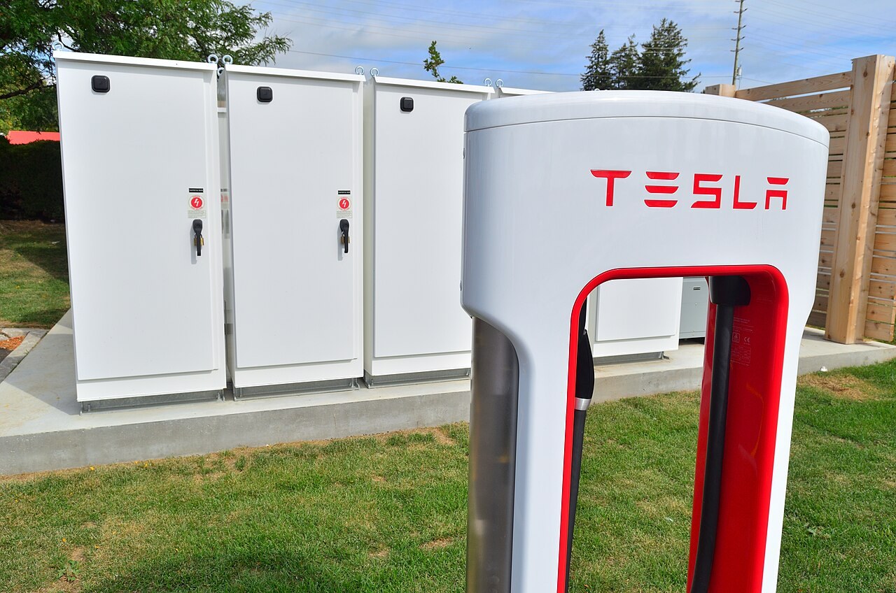 Tesla Powerpack battery equipment at a Supercharger in Markham, Ontario, September 7, 2018. Powerpack is an earlier product than Megapack.