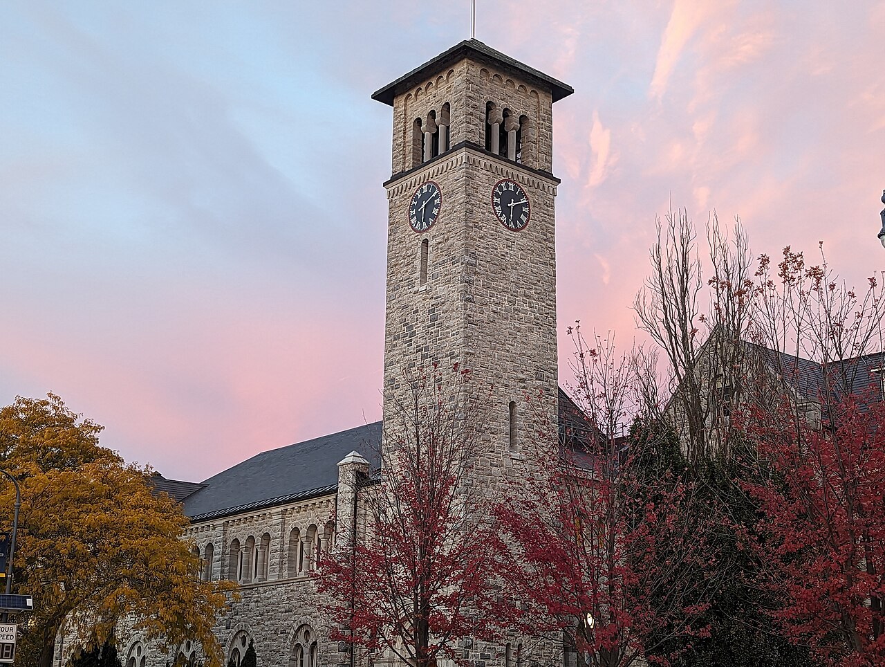 Grant Hall at Queen’s University in Kingston, Ontario, October 24, 2023. A later campus view, not a photograph of Musk’s student years.