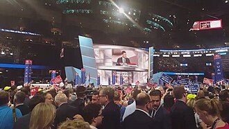 The convention floor during Peter Thiel’s address on the fourth day of the Republican National Convention in Cleveland, July 21, 2016. Voice of America video still.